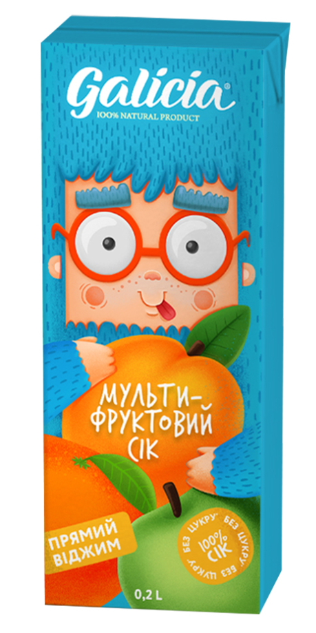 Сік мультифруктовий з м’якоттю із суміші фруктів гомогенізований стерилізований Galicia картонна пляшка 0,2 л